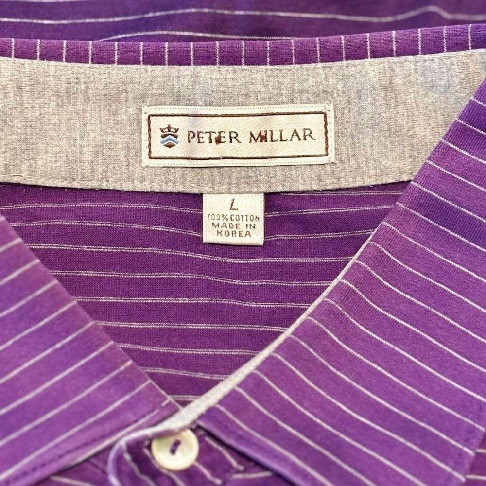 Peter Millar Polo Shirt Mens L Purple Cotton Striped Fallen Oak Golf Classic L/S - Picture 2 of 7